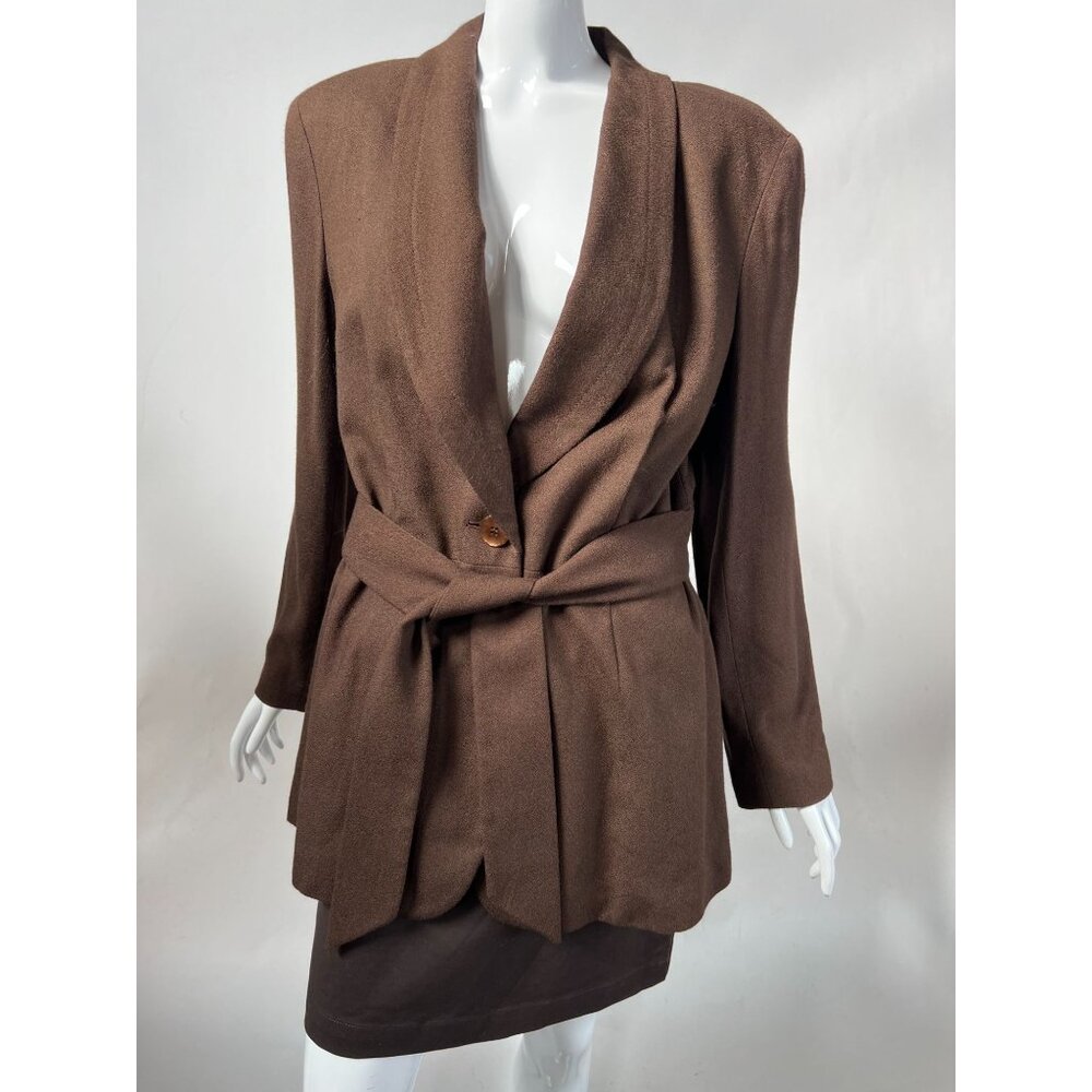 Vintage Express Womens Brown Rayon Blazer Jacket Size 7/8 With Belted Waist & Bu